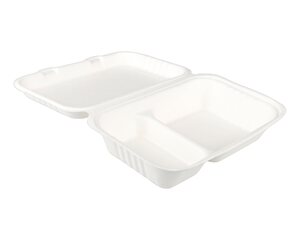 Preview: Menüboxen 2-geteilt aus Bagasse, naturweiß, 25x16cm, 25Stk.