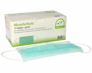 50x Mundschutz Typ IIR 3-lagig 9 cm x 17,5 cm Nasenbügel Elastikbändern grün