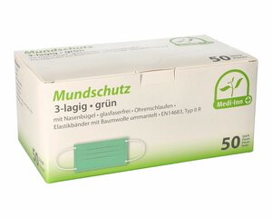 Preview: 50x Mundschutz Typ IIR 3-lagig 9 cm x 17,5 cm Nasenbügel Elastikbändern grün