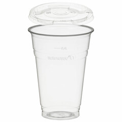 50x BIO Trinkbecher 400ml + Deckel mit Halmstanzung aus Biokunststoff (PLA)