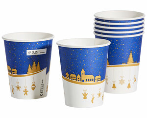 VEPATIM 1500 Heißgetränkebecher Winterlandschaft Pappe mit Eichstrich bis 90°C 200ml