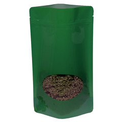 Standbodenbeutel PET dunkelgrün glänzend mit Fenster 180x290x90mm 
