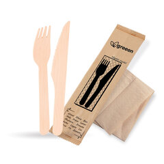 Bestecksets aus Holz biologisch abbaubar 3-teilig Gabel Messer Serviette hygienisch verpackt 50 Sets