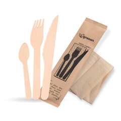 Bestecksets aus Holz biologisch abbaubar 4-teilig Gabel Messer Kaffeelöffel Serviette hygienisch verpackt 50 Sets
