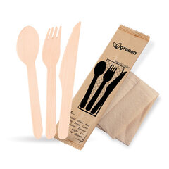 Bestecksets aus Holz biologisch abbaubar 4-teilig Gabel Messer Löffel Serviette hygienisch verpackt 50 Sets