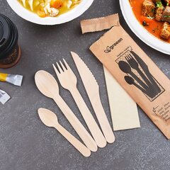 Preview: Bestecksets aus Holz biologisch abbaubar 4-teilig Gabel Messer Löffel Serviette hygienisch verpackt 50 Sets