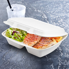 Preview: Bio Menüboxen Lunch-Boxen 2-geteilt aus Zuckerrohr Bagasse 1000ml 241x202x70mm 