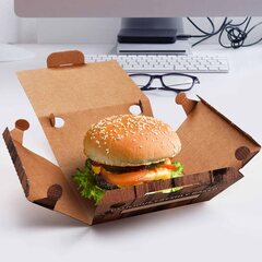 Preview: Hamburgerboxen aus Mikrowellpappe bedruckt braun 15 x 15 x 9,5 cm 