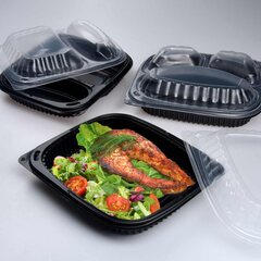 Preview: Mehrweg Menüschalen 3-geteilt 240 x 210 x 40 mm Mikrowellengeeignet schwarz 1000ml 