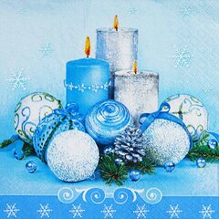 Weihnachtsservietten 3-lagig 33 x 33 cm blaue Kerzen und Kugeln 