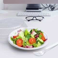 Preview: Mehrweg Menüteller rund Ø 22 cm H 2,6 cm Mikrowellentauglich weiß 