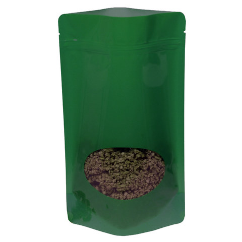 Standbodenbeutel PET dunkelgrün glänzend mit Fenster 180x290x90mm 